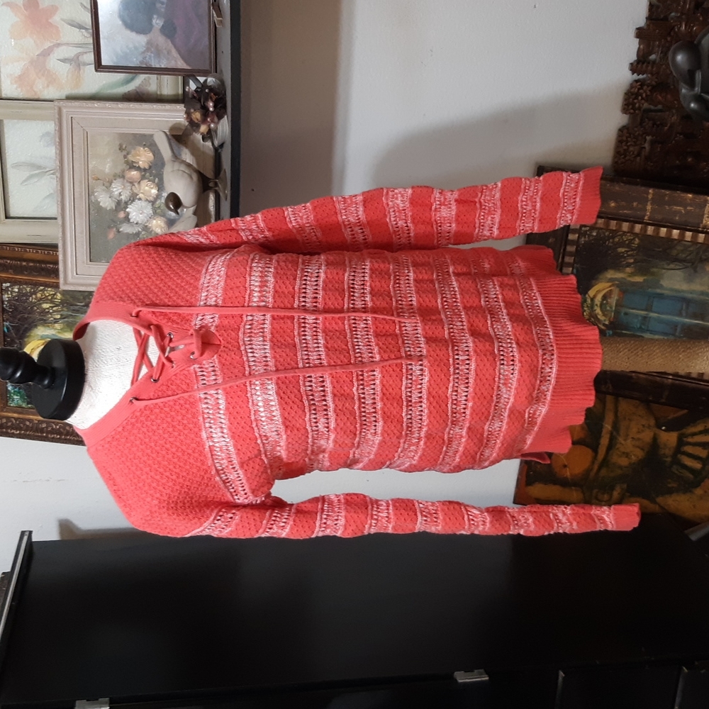 Womens knit Sweater Pink coral white overtop L NORTHCREST Long sleeve B20